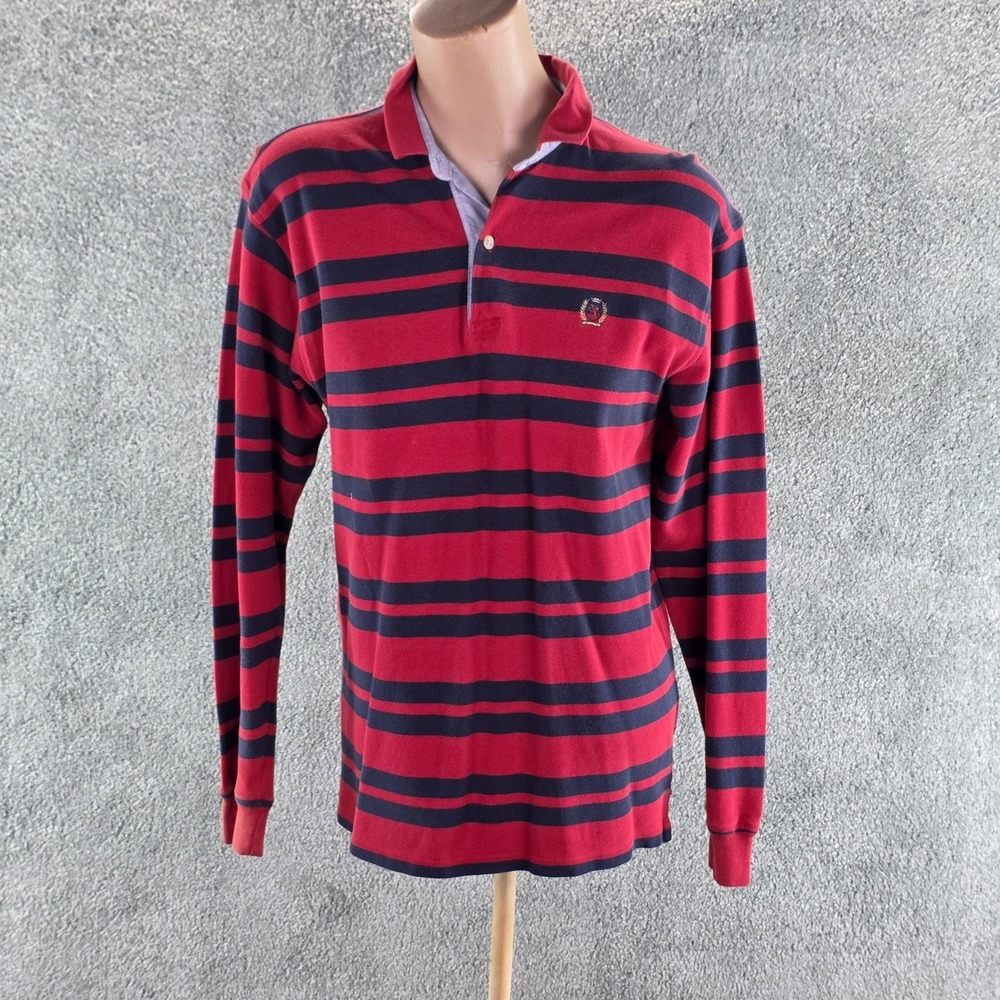 Tommy Hilfiger Polo Shirt‎ Mens XL Red Navy Striped Long Sleeve Rugby Flag Crest